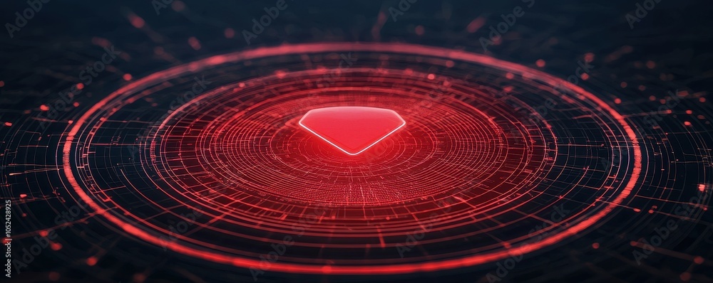 Obraz premium Abstract red diamond shape with digital patterns on a dark background.