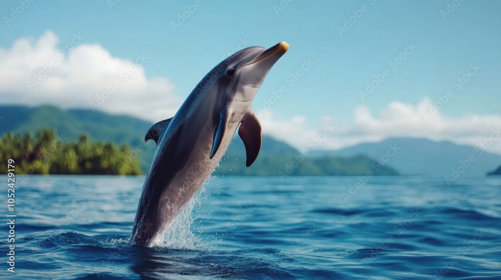 Obraz premium Young Dolphin Jumping Out of Water Near Tropical Shore