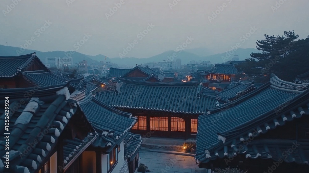 Naklejka premium Serene Evening in Traditional East Asian Architecture