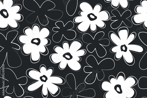 Seamless pattern of simple cute big white flowers. Monochrome line art geometric abstract flowers on black background. Primitive floral design for wallpaper, Hawaiian shirt, packaging, textiles