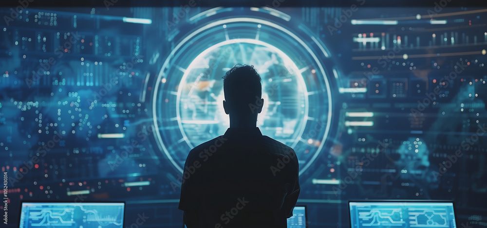 A man in front of the screen is silhouetted against an array of digital screens displaying data and charts