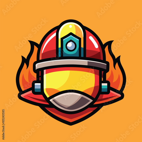 Cute cartoon firefighter with flames.