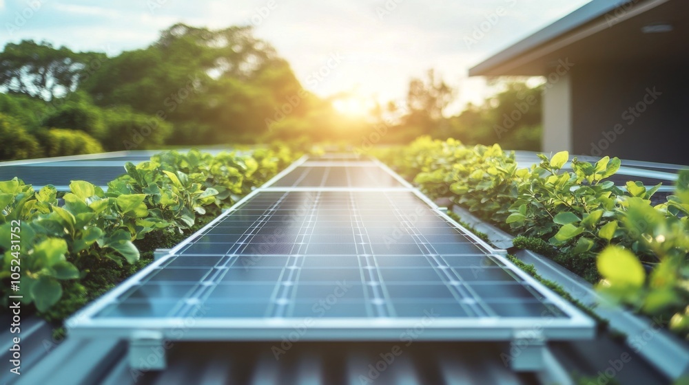 Fototapeta premium Solar panels integrate seamlessly into a lush green environment.