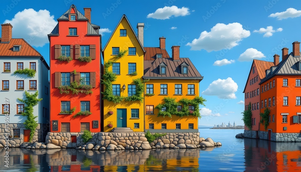 Obraz premium Colorful Houses by the Water with Reflections