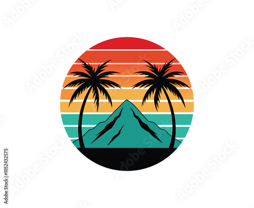Retro Vintage Mountain Sunset with Palm Tree Silhouettes T-Shirt Design