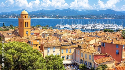 Scenic Coastal Town with Harbor and Mountains