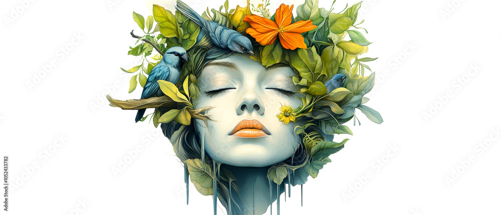 A serene depiction of a woman's face adorned with vibrant flowers and leaves, symbolizing the connection between nature and humanity. A serene depiction of a woman's face adorned with vibrant flowers and leaves, symbolizing the connection between nature and humanity.