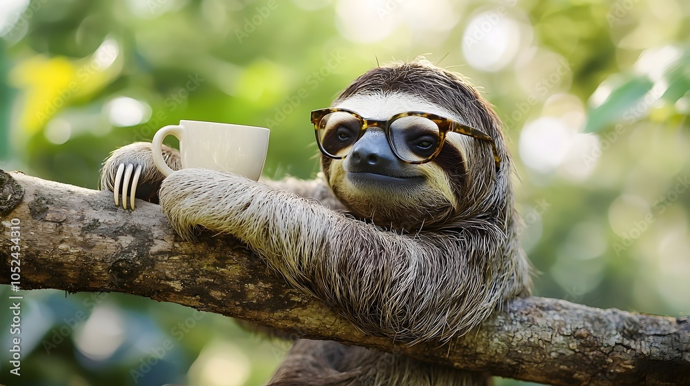 Fototapeta premium Sleepy Sloth Sipping Coffee on Tree Branch with Half Opened Glasses