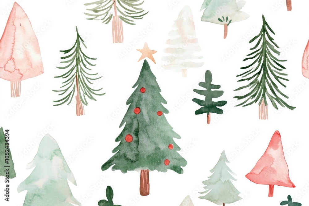 Fototapeta premium Whimsical Christmas Tree Watercolor Pattern for Festive Design Projects