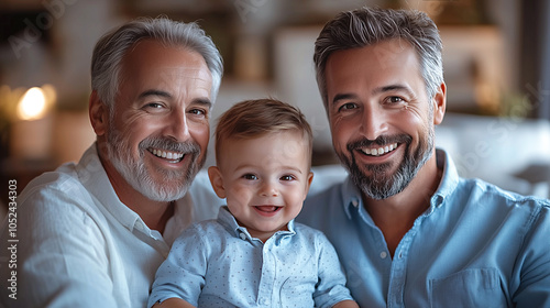 Caucasian men of different generations together at home, smiling grandfather, adult son and little cute grandson sitting in living room and looking at camera, multigenerational male family concept