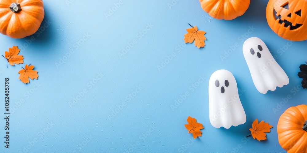 Halloween decorations on a blue background, a flat lay with pumpkins and ghost figures, a spooky party concept.