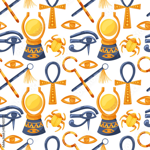 Ancient Egypt seamless pattern. Cartoon hand drawn vector ornament with ankh, aten, scarab, nekhakha, eye Horus on white background. Egyptian symbols. Egyptian civilization background