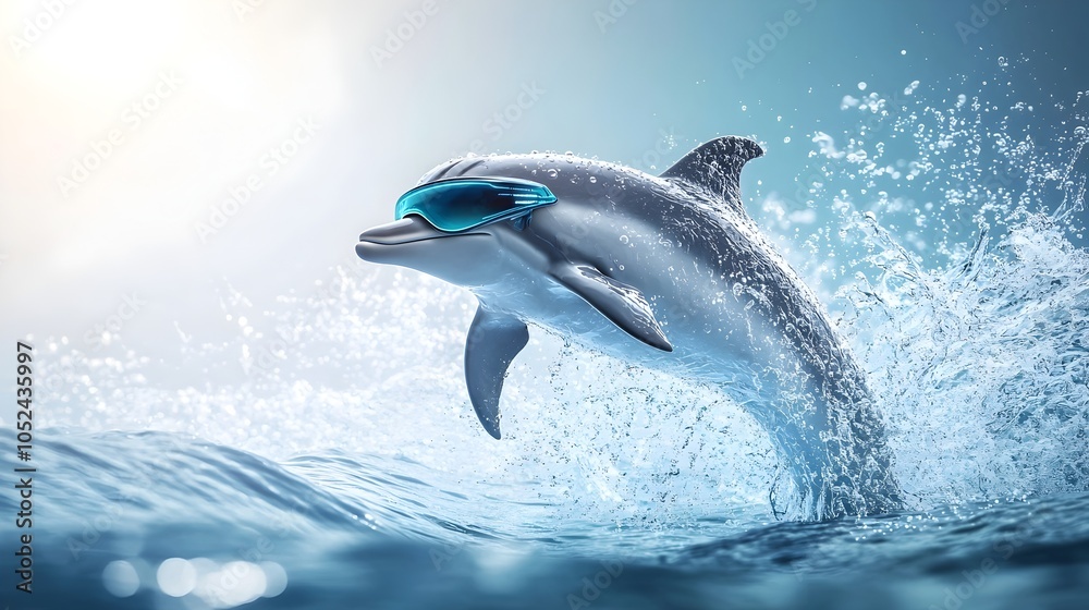 Obraz premium Futuristic Dolphin Leaping from Holographic Waves in Vibrant Aquatic Scene