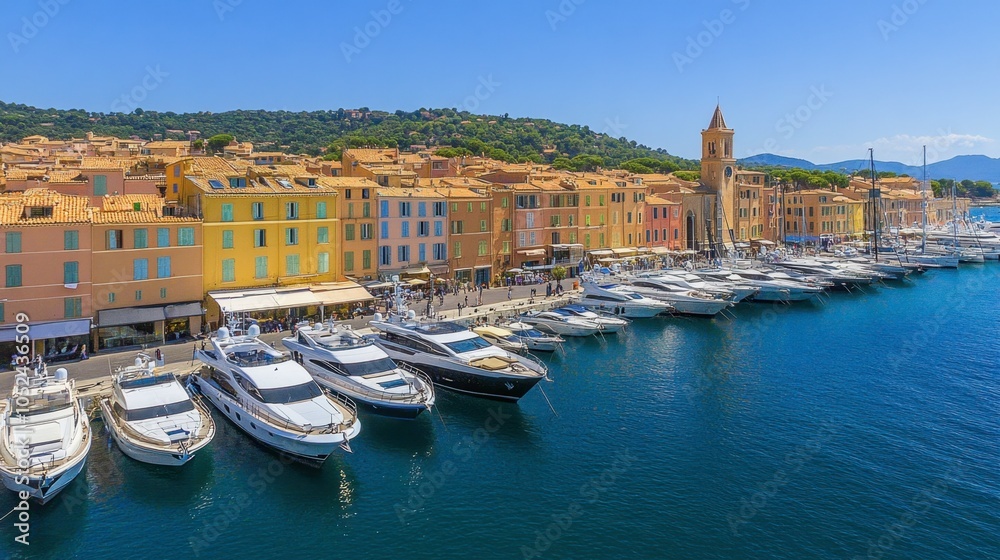 Fototapeta premium Colorful Harbor with Yachts in Beautiful Coastal Village