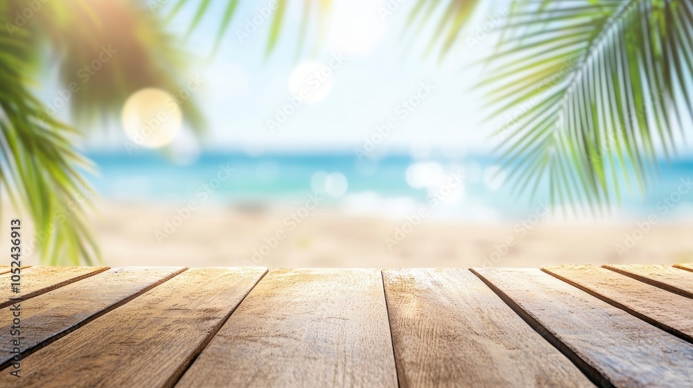 Summer background with a wooden table top and a tropical beach, palm tree leaves on a sea-blue ocean, and a sunlight bokeh effect. Summer background with a wooden table top and a tropical beach, palm tree leaves on a sea-blue ocean, and a sunlight bokeh effect.