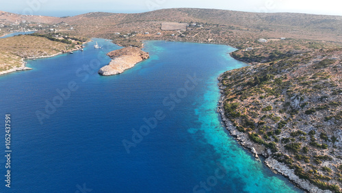 Aerial drone photo of paradise blue lagoon and sandy beaches of Tiganakia bay forming a complex of small islets in island of Arkoi or Arki, Dodecanese, Greece photo