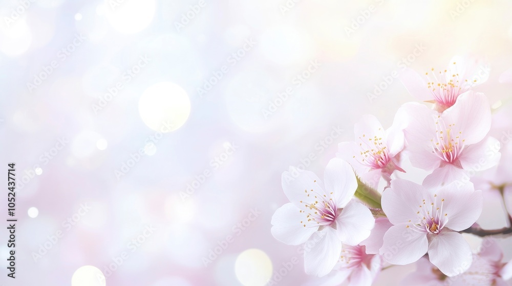 White and pastel bokeh background with a light pink cherry blossom branch. White and pastel bokeh background with a light pink cherry blossom branch.