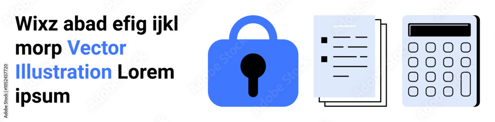 Blue lock icon signifies security beside a document and calculator symbolizing data management or financial analysis. Ideal for security privacy finance data management technology. Banner for landing Blue lock icon signifies security beside a document and calculator symbolizing data management or financial analysis. Ideal for security privacy finance data management technology. Banner for landing