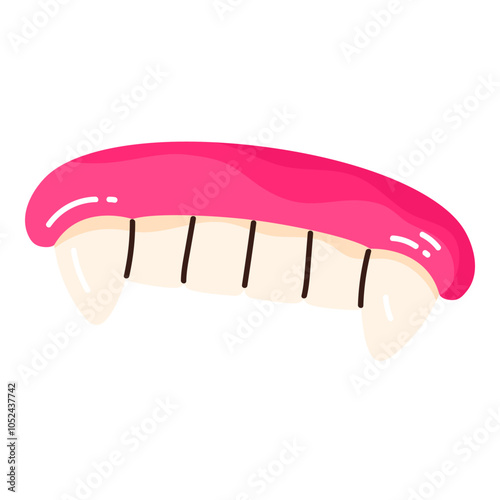 Gummy vampire teeth. Fruity chewy jelly fangs candy. Tasty gelatin snack. Halloween treats concept. Vector illustration in cartoon style. Isolated white background.