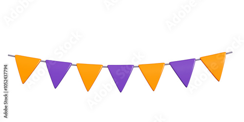 Valokuva Halloween party bunting flags garland - 3d render illustration of orange and purple triangle decorative paper flag on rope for autumn holiday border decoration