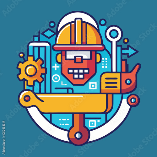 Illustrated robot engineer with a hard hat.