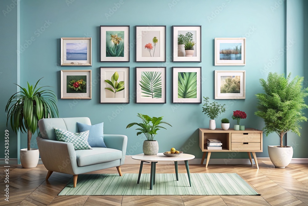 Mock-Up Poster Gallery Wall in Light Blue Room with Furniture and Plants Mock-Up Poster Gallery Wall in Light Blue Room with Furniture and Plants
