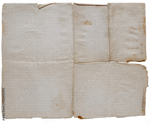 Texture Of An Old Checkered Paper. Page Of A Badly Damaged Yellowed Document, With Copy Space. Old Empty Note Page With Torn Edges, Stains And Folds.