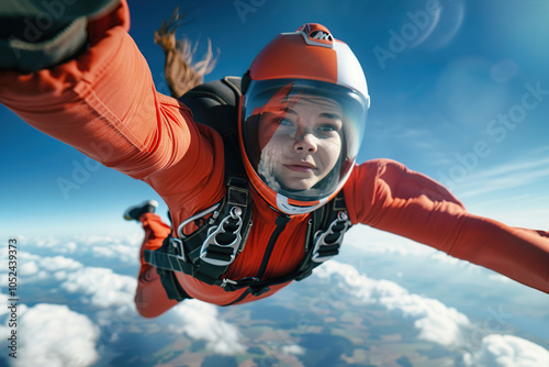 Female skydiver with parachute falling through the air