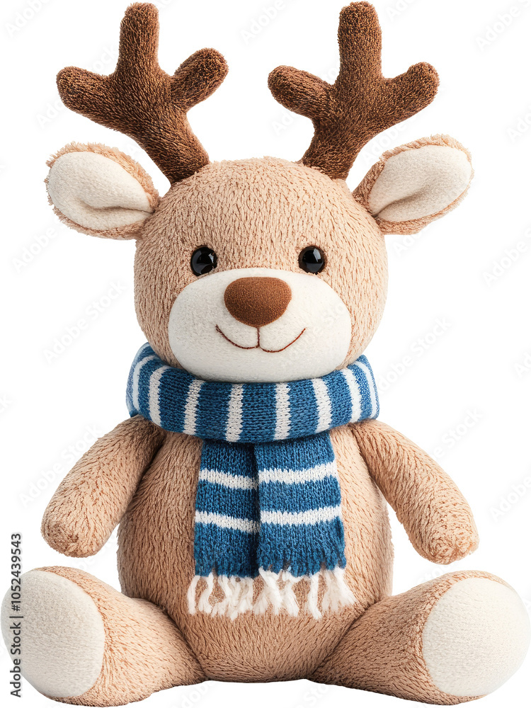 Fototapeta premium A cute reindeer doll wearing a blue scarf, perfect for holiday decoration, features soft textures and friendly expression.