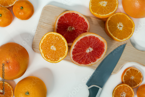 Cut citrus fruits: fresh ingredients for juices and recipes photo