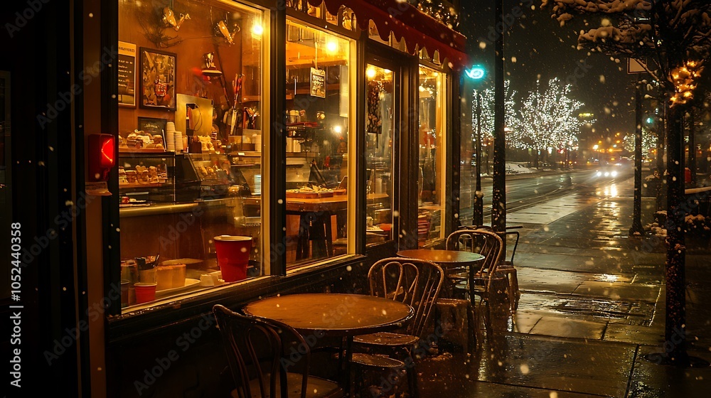 A cafe storefront with empty tables and chairs on a snowy night A cafe storefront with empty tables and chairs on a snowy night