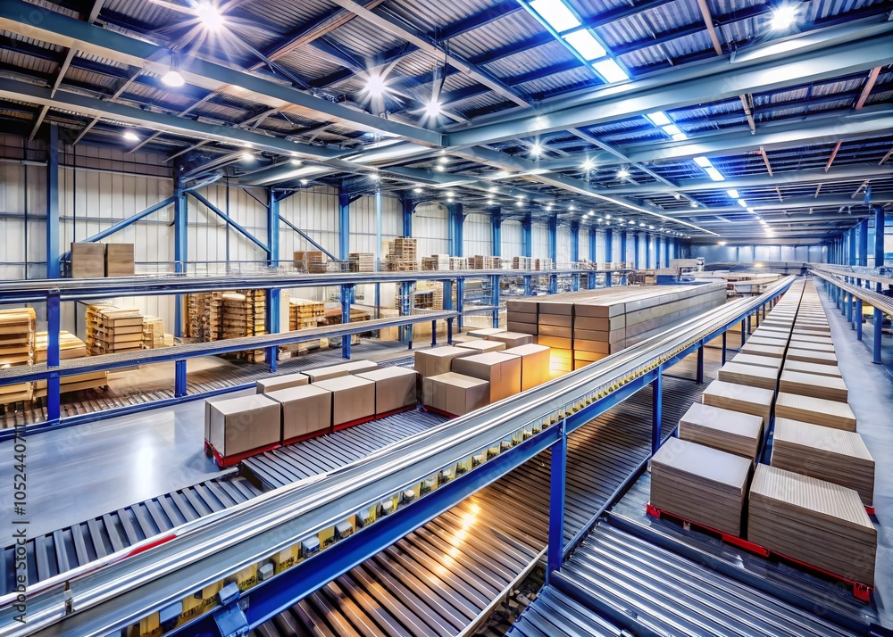 Fototapeta premium Modern Distribution Warehouse with Efficient Conveyor Belts and Flowing Packages for Logistics Management