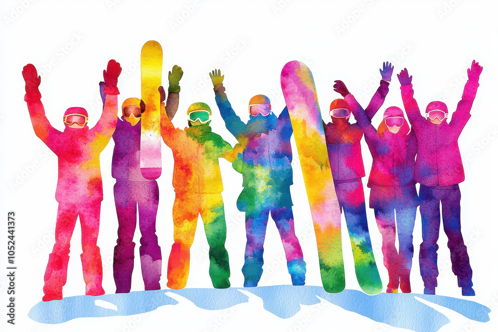 Naklejka premium A vibrant, colorful illustration of a group of eight people celebrating on snow, holding up snowboards with joy.