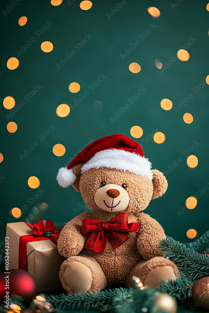 Christmas teddy bear wearing santa hat with christmas tree and gift box background Christmas teddy bear wearing santa hat with christmas tree and gift box background