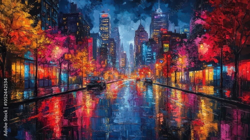 Obraz premium vibrant street scene at night, adorned with colorful graffiti on walls, capturing the essence of urban art culture and the creativity that thrives in city life