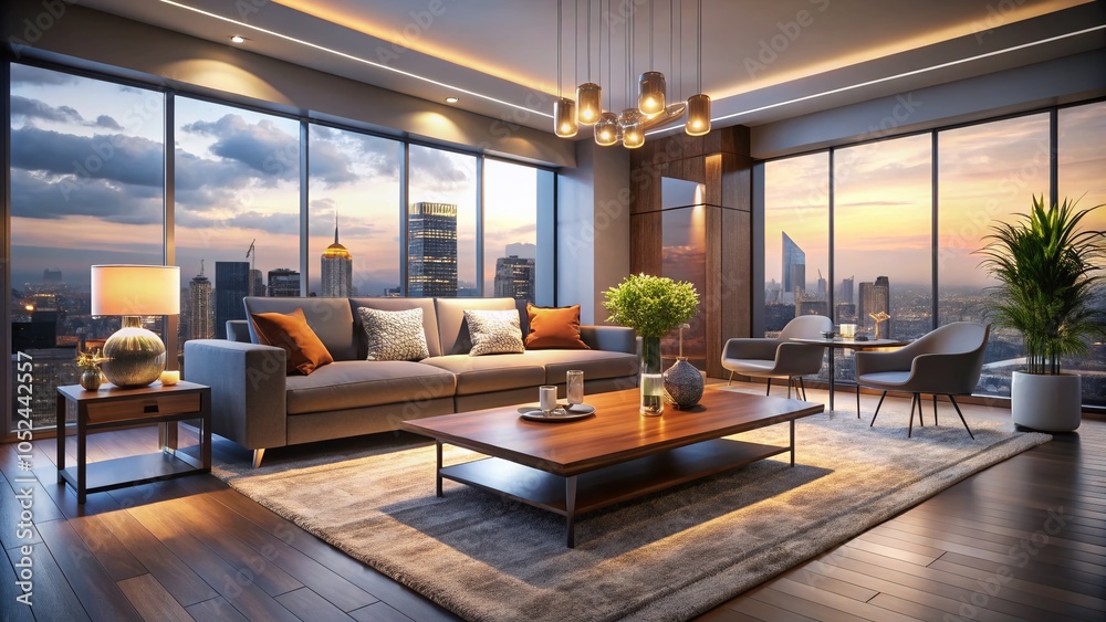 Modern Living Room with Glowing Table and Stunning City View for Contemporary Lifestyle Imagery Modern Living Room with Glowing Table and Stunning City View for Contemporary Lifestyle Imagery