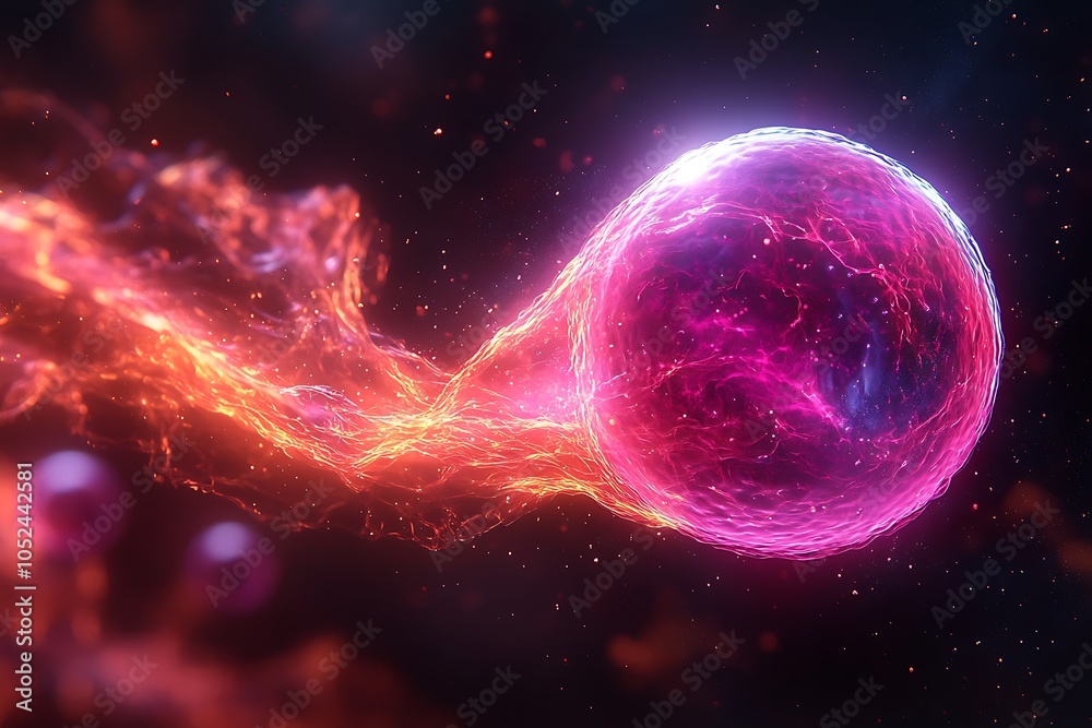 Obraz premium A vibrant sphere of energy trails fire through a dark cosmic expanse.