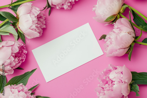 Peonies pink background. Festive holiday greeting card for Birthday, Woman or Mothers Day.