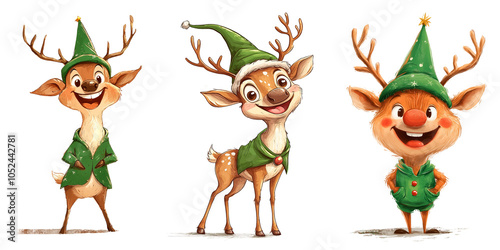 Festive reindeer in green elf costumes on a transparent background. Christmas holiday design, seasonal character, elf reindeer, holiday spirit, Christmas joy, festive illustrations photo