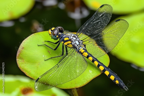 Yellow Spotted Pectoralis Dragonfly Resting on Green Leaf in Wetland Habitat photo