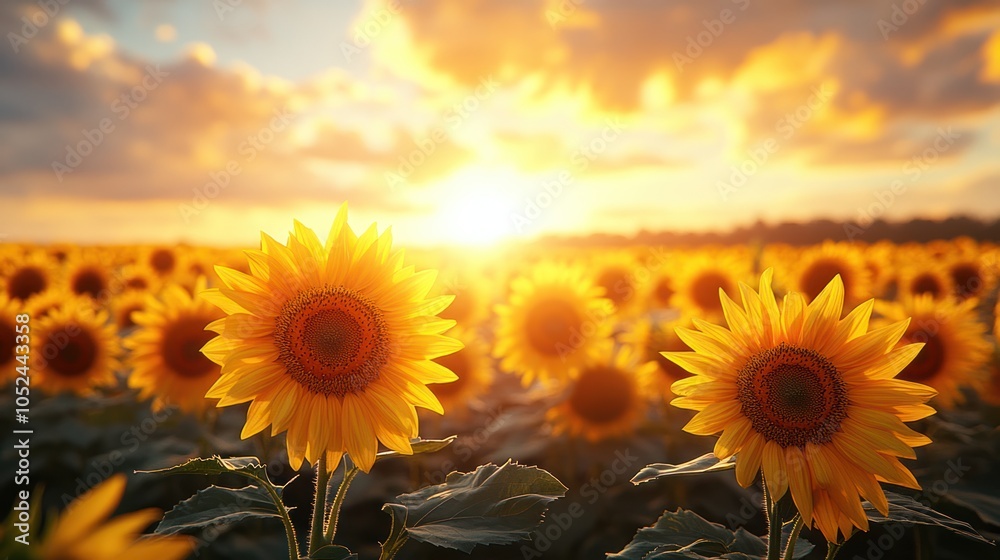 Fototapeta premium Sunlit Sunflowers in a Field at Sunset