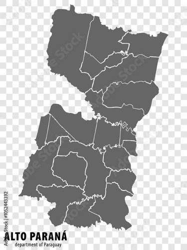 Blank map Alto Parana Department of Paraguay. High quality map Department  of Alto Parana with districts on transparent background for your web site design, logo, app, UI.  Republic of Paraguay.  EPS1