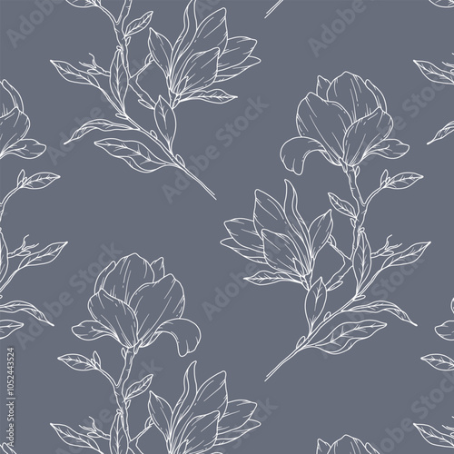Hand Drawn magnolia Background. Magnolia Seamless Pattern Trendy graphics. Magnolia Line Art. Spring flowers seamless pattern. Magnolia pattern for luxury wallpapers, textile, wedding invitations, car