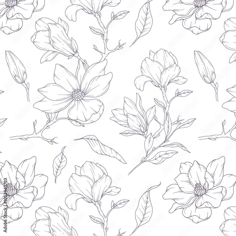 Fototapeta premium Hand Drawn magnolia Background. Magnolia Seamless Pattern Trendy graphics. Magnolia Line Art. Spring flowers seamless pattern. Magnolia pattern for luxury wallpapers, textile, wedding invitations, car