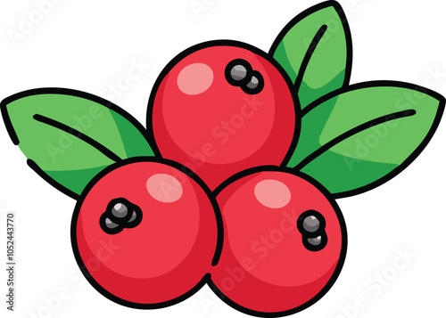 Illustration of cranberry with green leaf, Vector illustration of cranberry clustered together with a green leaf, showcasing a simple, minimalistic design. 
