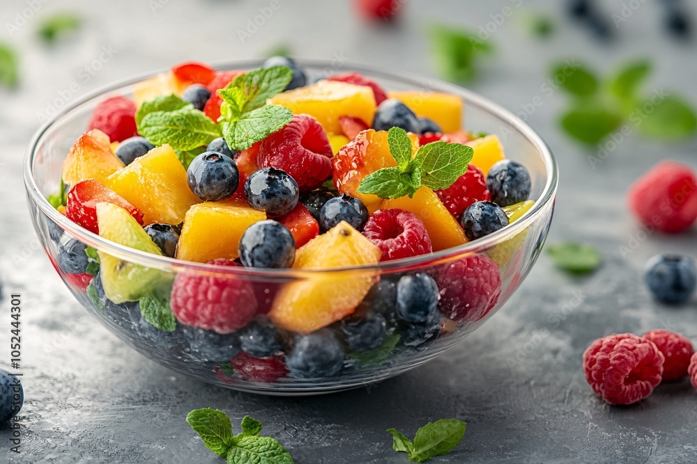 A vibrant bowl of mixed fresh fruit including berries, melon, and mint, perfect for a healthy snack or colorful dessert. A vibrant bowl of mixed fresh fruit including berries, melon, and mint, perfect for a healthy snack or colorful dessert.