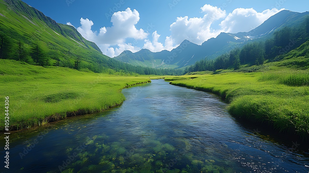 A winding river flows through a lush green valley, surrounded by towering mountains and a bright blue sky. A winding river flows through a lush green valley, surrounded by towering mountains and a bright blue sky.