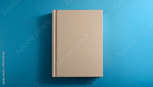 Beige hardcover book mockup on a blue background. 3D Rendering