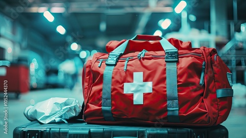 Emergency Medical First aid kit bags of first aid team service for an accident in work of worker, injury recovery, recovery