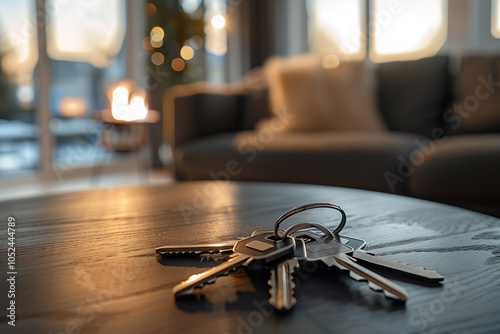 House keys on brown wooden desk